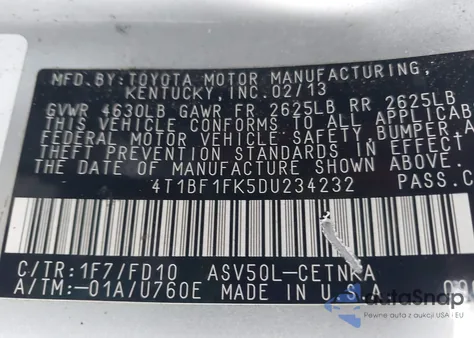 2013 Toyota Camry Le z USA, uszkodzony, nr VIN 4T1BF1FK5DU234232